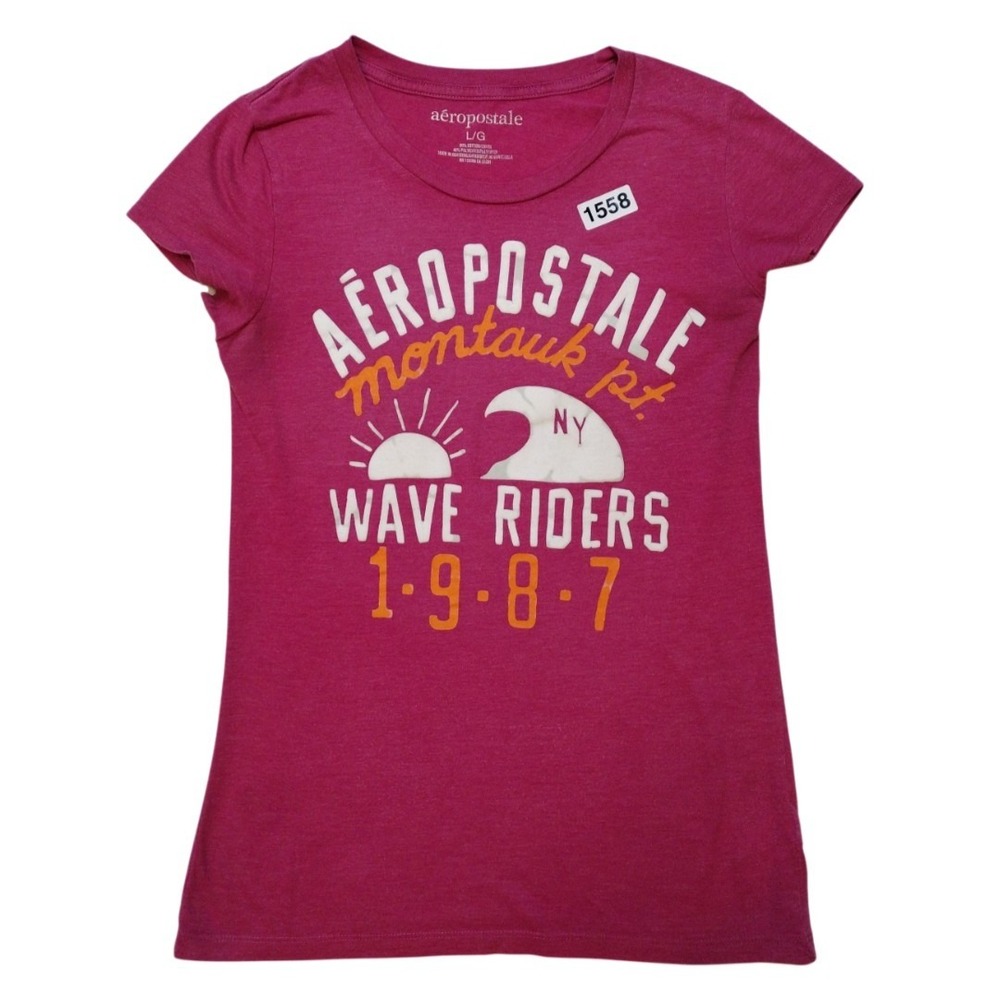 Aeropostale Top T-Shirt Women's Size Large Junior Pink Graphic Cap Short Sleeve